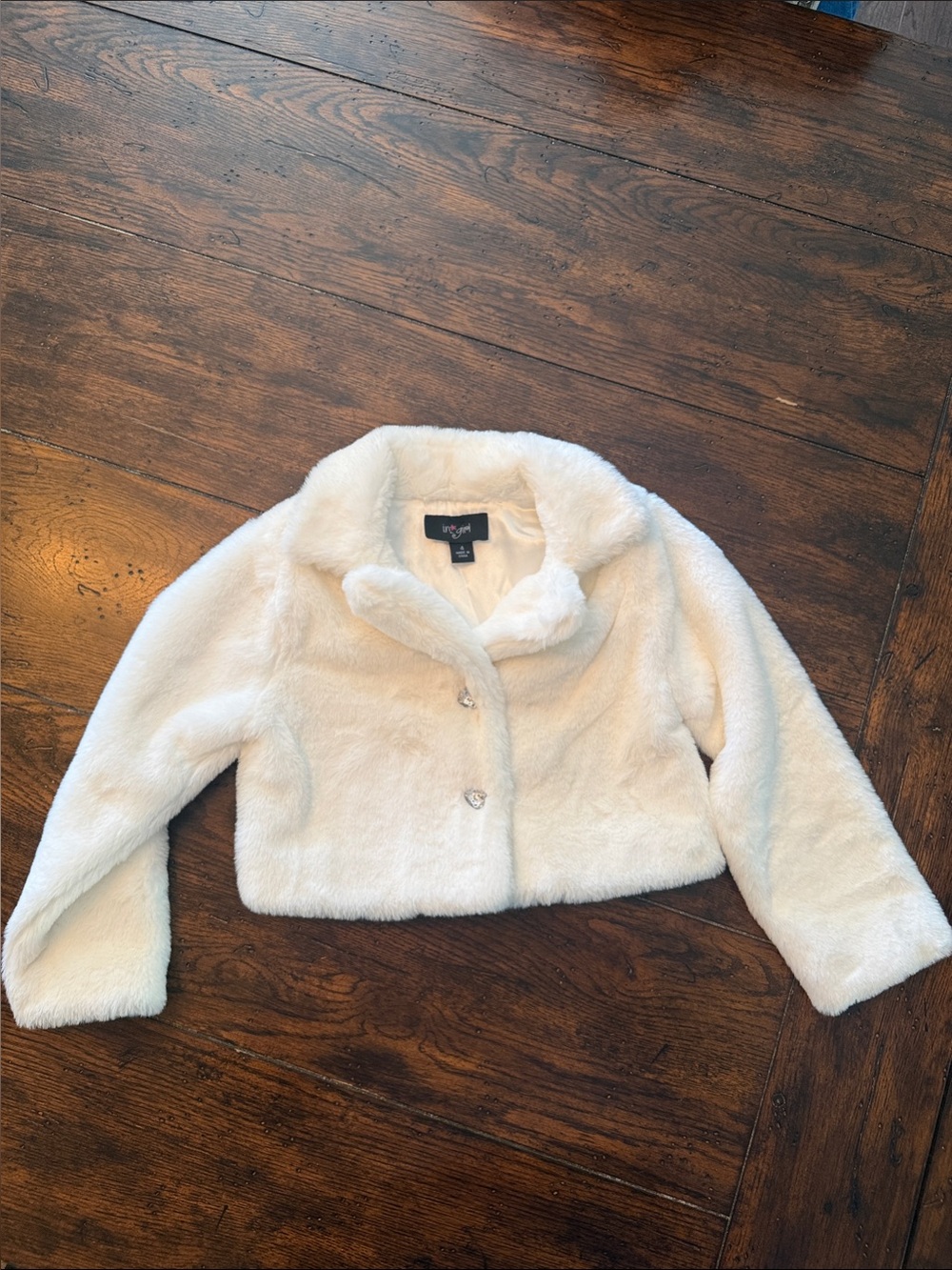 I.N. Girl White Faux Fur Cropped Coat with Heart Jewel Buttons